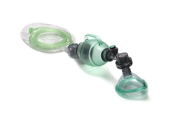 BVM resuscitator, paediatric 550ml bag detachable O₂ reservoir bag with pressure relief valve (40cm H₂0), size 1 mask
