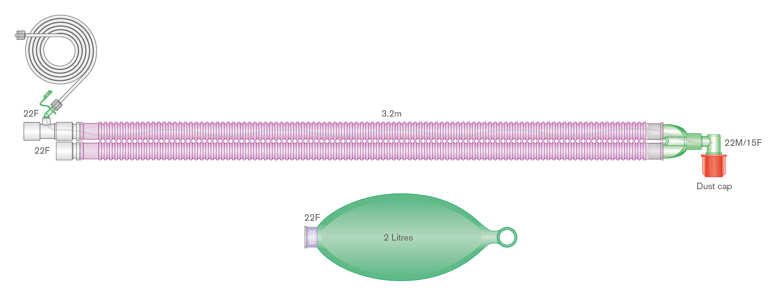 22mm Flextube™ Silver Knight™ anti-microbial breathing system with 2 L bag, and integral monitoring line, ≥ 3.2m