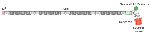 10mm Flextube neonatal resuscitation breathing system for use with Neopuff® resuscitators with variable PEEP, double swivel elbow. ≥ 1.6m