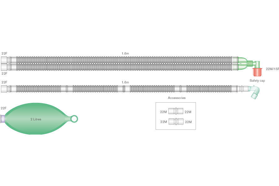22mm Flextube™ breathing system for use with Aisys®, Avance® and Aespire® Carestation® with 2 L bag, and elbow, ≥ 1.6m