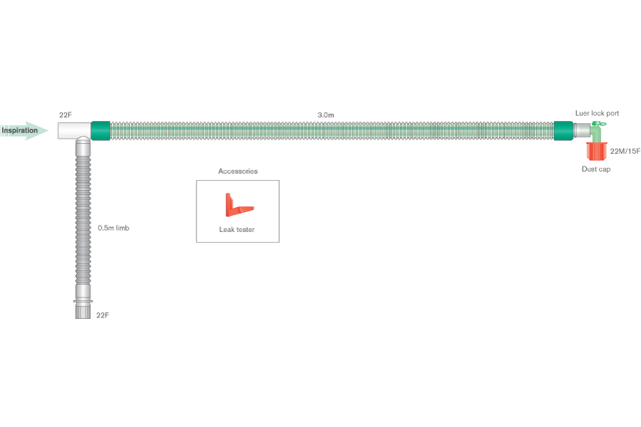 22mm DuoFlow breathing system with luer elbow, ≥ 3.0m