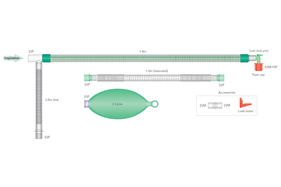 22mm DuoFlow™ breathing system with 2 L bag, luer elbow, and limb, ≥ 1.8m