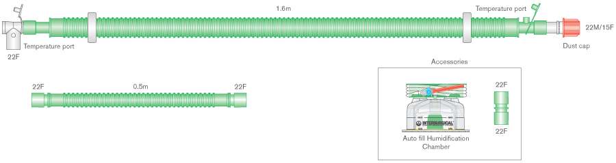 30mm Flextube bilevel heated wire breathing system with swivel patient connector and auto-fill chamber, ≥ 1.6m