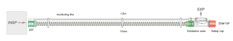 15mm Smoothbore single limb breathing system with monitoring line and exhalation valve, 1.8m 